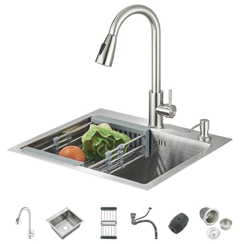Evier Cuisine 1 Bac 50 * 45CM Acier inoxydable Evier de cuisine avec robinet extensible Distributeur de Savon avec Egouttoir,Brossé