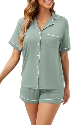 Image of LUBOT Womens Bamboo Viscose Pajamas for Women PJ Set 2 Piece Soft Cooling Short Sleeve Capri Pants Summer Sleepwear Set S-XXL