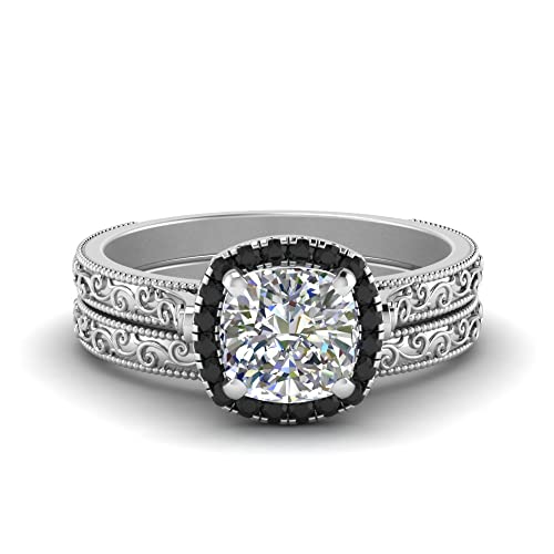 Image of Choose Your Gemstone Hand Engraved Halo Cushion Wedding Ring 925 Sterling Silver Cushion Shape Wedding Ring Sets Matching Jewelry Wedding Jewelry Easy to Wear Gifts US Size 4 to 12