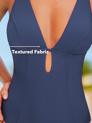 Image of CUPSHE Women's One Piece Swimsuit Deep V Neck Keyhole Cutout O Ring Textured Bathing Suit
