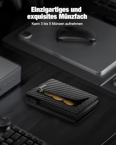 dwnkove Kartenetui Herren, Slim Wallet mit Münzfach & RFID Schutz & ID-Fenster, Pop-Up Smart Wallets for Men, Leder Portmonee Geldbeutel kartenetui für Karten, Kreditkartenetui Herren, Carbon Design 5