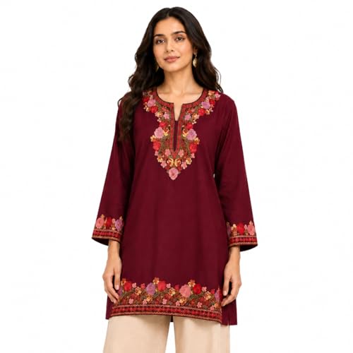 Image of HAUTEMODA Women Cotton Floral Embroidered Short Kurti, Tunic, Three-Fourth Sleeves, White