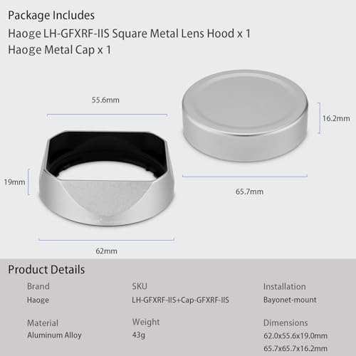Haoge Metal Square Lens Hood para Cámara Fujifilm GFX100RF Accesorios Plata LH-GFXRF-IIS+Cap-GFXRF-IIS miniatura 6