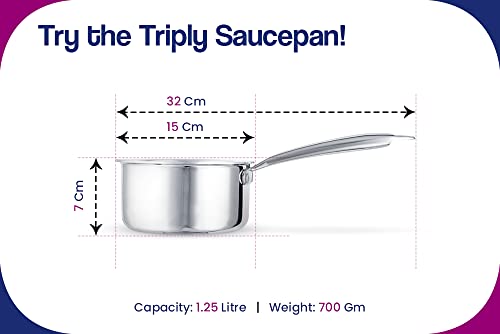 Image of Bhalaria Triply Stainless Steel Sauce Pan 15cm 1.25Litre | Induction Base Heavy Gauge 3 Layer Body | Milk Boiler & Tea Pan with Handle | Food Grade Steel | Gas Compatible | Dishwasher Safe