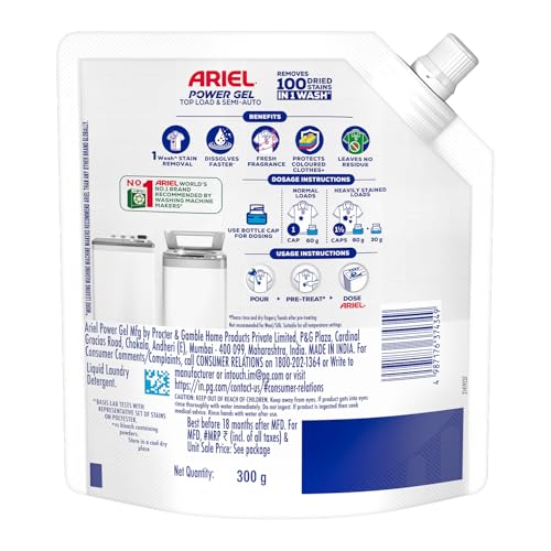 Image of Ariel Power Gel Liquid Detergent for Top Load & Semi Auto - 300g | Removes 100 Dried Stains in 1 Wash | Faster Dissolving | Long-Lasting Fragrance | Color Protection | At the price of Powders