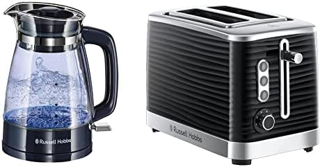 Russell Hobbs 26082 Classic Glass Kettle Ombre Blue & 24371 Inspire High Gloss Plastic Two Slice Toaster, Black