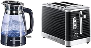 Russell Hobbs 26082 Classic Glass Kettle Ombre Blue & 24371 Inspire High Gloss Plastic Two Slice Toaster, Black