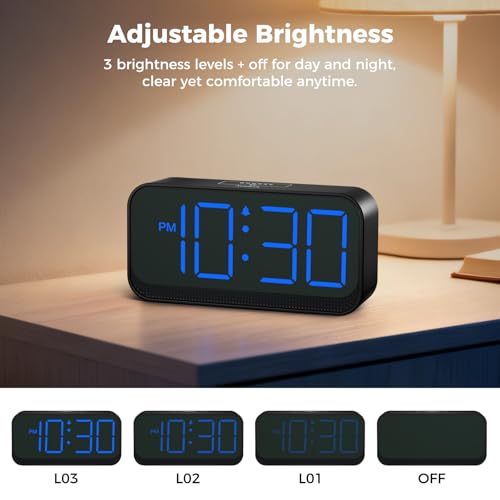 Image of Acedeck Battery Operated Digital Clock: Cordless Small Alarm Clock for Bedroom Travel - Large Numbers 4 Dimmers for All Ages Blue Digits