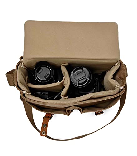 Image of ZLYC Canvas Leather DSLR SLR Vintage Camera Messenger Bag, Khaki
