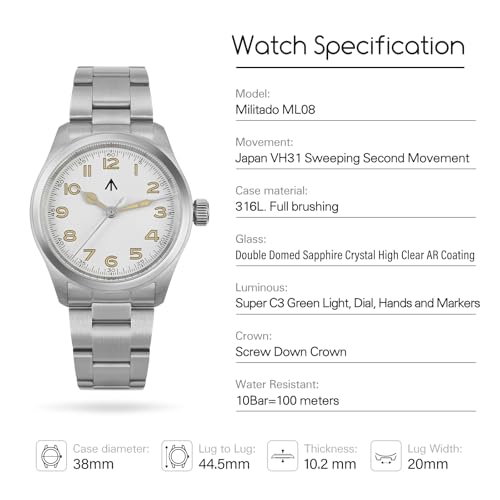 Image of TACTICAL FROG Militado ML08 Field Watch Japanese Sweep VH31 / 515 Movt with Calendar, Men's Military Watch Sapphire Crystal 10 ATM Waterproof Analog Watches for Men