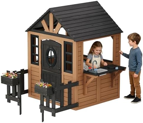 SPECRAFT Brown Country Cottage Wooden Outdoor Playhouse for Kids