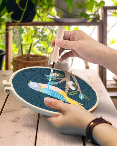 Image of TINDTOP Punch Needle Kits, Panda Punch Embroidery Kits for Adults | 3 Sets, Tool with Punch Needle Fabric, Hoops, Yarns and Sewing Needles (Bird)
