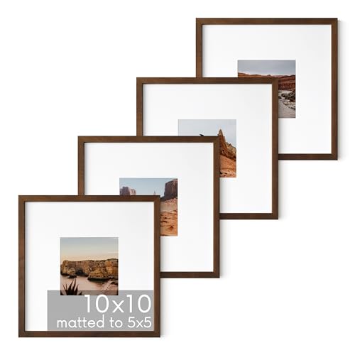 HAUS AND HUES Walnut Oak Wood 10x10 Picture Frames - Set of 4, Square Frames with Mat, Premium Frames for Gallery Walls (10x10 in, Walnut, Set of 4)