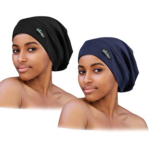 2 Pieces Adjustable Satin Lined Sleep Cap for Curly Hair,Dreadlocks,Braids Available Men & Women, Black,navy, One Size Cover