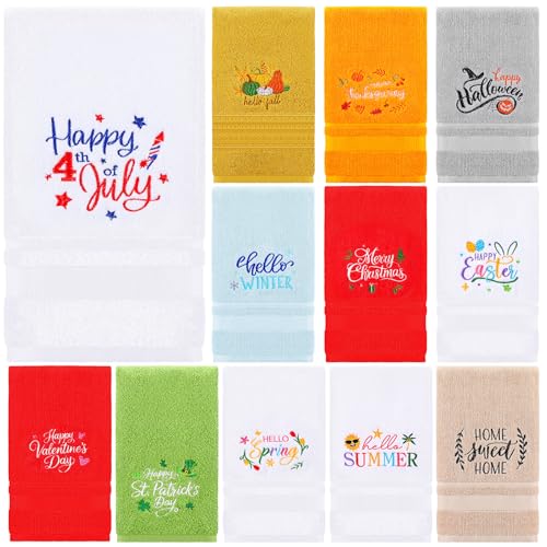 Mindsoft 12 Pcs Seasonal Hand Towels Gift Set St. Patricks Day Easter Spring Holiday Embroidered Bath Towels 29.5 x 13.8 Inch Soft 100% Cotton for Holiday Farmhouse Decorative Decor