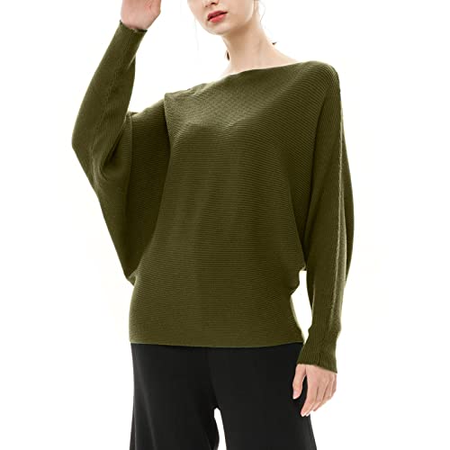 Image of Blostirno Women's Boat Neck Batwing Sleeves Dolman Ribbed Knitted Sweaters Pullovers Tops