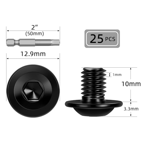 Image of M6-1.0 x 10mm 25 PCS Flanged Button Head Socket Cap Bolts Screws, Stainless Steel 304, Allen Socket Drive, Screwdriver Bit Included, Black Finish, Fully Machine Thread