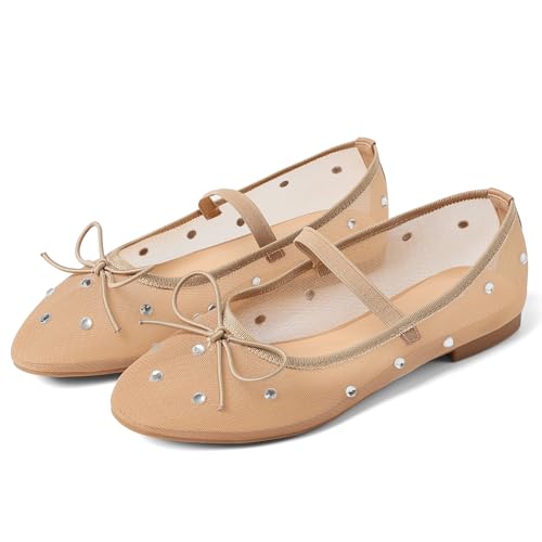 Eteridrey Mesh Ballet Flats Shoes Round Toe Flats for Women Elastic Strap Ballerina Flats Glitter Rhinestone Mary Jane Flats Slip On Bow Wedding Dress Shoes Comfortable Casual Office Walking Shoes3