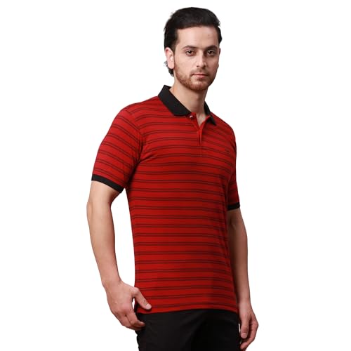 Image of Park Avenue Men's Cotton Polyester Blend Stripe Pattern Slim Fit Rib Collar Polo Neck Half Sleeve Casual T-Shirt