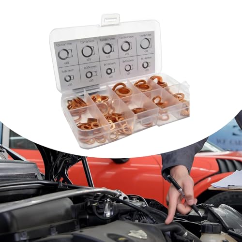 Arwrilt 200 PCS Car Copper Flat Crush Washer Gasket Sets, M5 M6 M8 M10 M12 M14 9 Sizes Oil Drain Plug Crush Washer, Tight Leak-Proof Sealing Washers for Most Car Models (Gold)