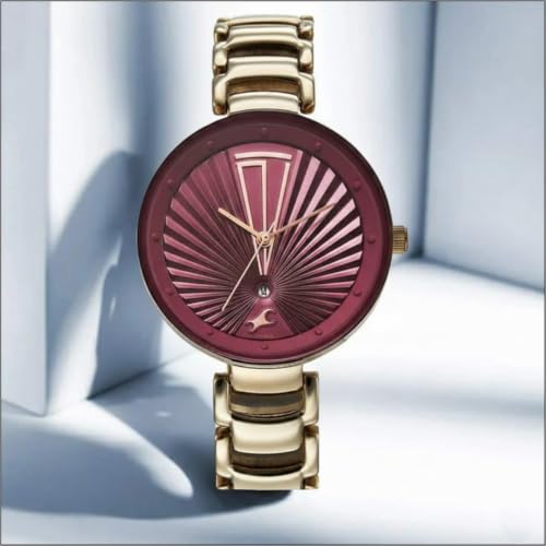 Image of Fastrack Chrome K Quartz Analog with Maroon Dial Titanium Brass Solid Strap Watch for Women - 6216QM03