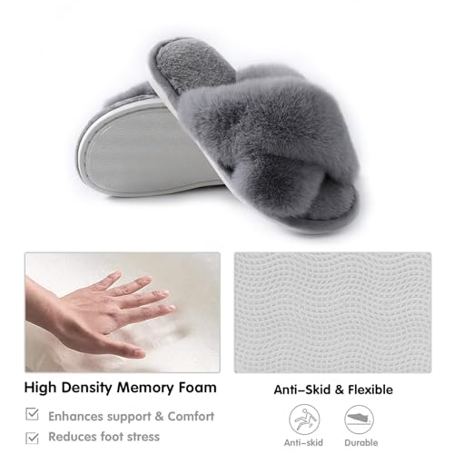 Women's Fluffy Slippers Cross Band Bedroom Slippers with Memory Foam Fuzzy House Open Toe Shoes Comfy Indoor Outdoor Anti-Skid Sole4