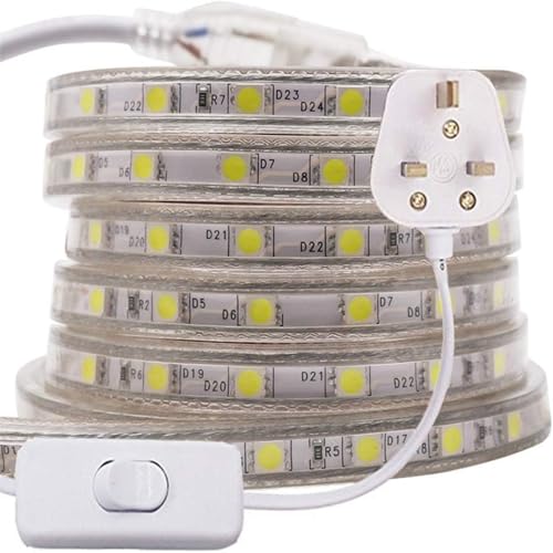 GQL 20m 5050 LED Strip White with Switch (80cm Cable), Mains Powered SMD 60LEDs/m Commercial Rope Light, IP65 Waterproof for Indoor/Outside Decoration UK Plug Supply