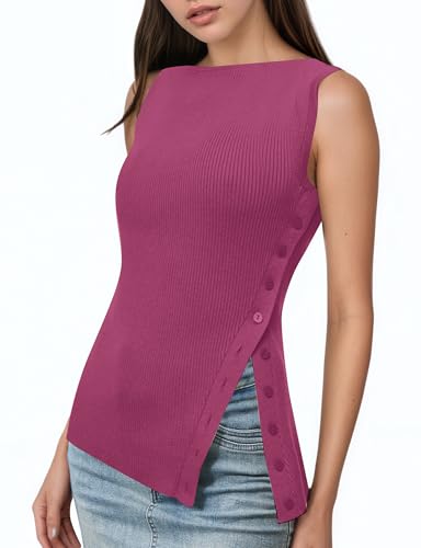 Image of OLAPTA Women Asymmetrical Button Down Side Split Sleeveless Tank Tops Boat Neck Slim Fit Summer Casual Side Button Knit Vest