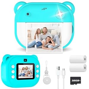 Appareil Photo Instantané Enfant avec Impression, Caméra Numérique 1080P, Cadeau Noël Anniversaire pour Filles Garçons 3-12 Ans, Carte 32GB & Papier Inclus