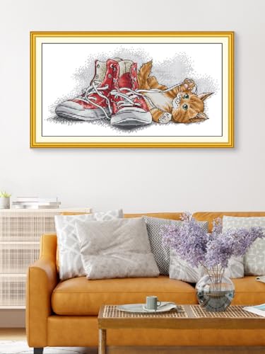Image of Aiorkeng Cross Stitch Kits Stamped Full Range of Embroidery Starter Kits for Adults Beginners DIY 11CT 3 Strands -Printed kit Yellow Cat Playing with Shoelaces(Printed) 20.1x10.6 inches