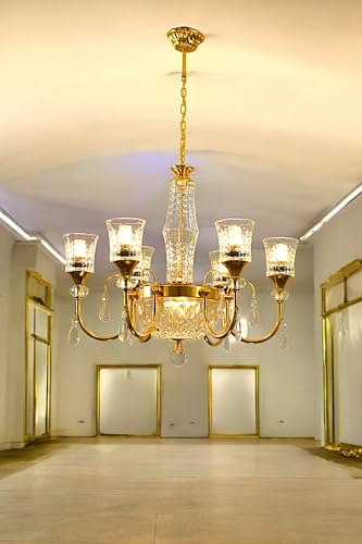 Image of Prop It Up Crystal Glass Chandelier, 6+1-Light Gold Finish, Elegant Pendant Ceiling Light with Decorative Drops, Without Bulb