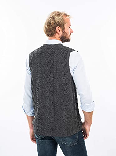 Saol 100% Irish Merino Wool Mens V Neck Vest Sleeveless Cable Knit Cardigan Sweater With Buttons And Pockets (Charcoal, Xlarge) #TOP2
