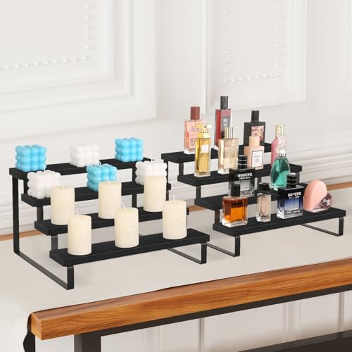 Image of YINMIT Wooden Display Riser Stand, Tiered Perfume and Cologne Organizer Stand, 4 Tier Spice Rack Organizer, Rustic Display Shelf for Candles (4 Tier,2Pack,Black)