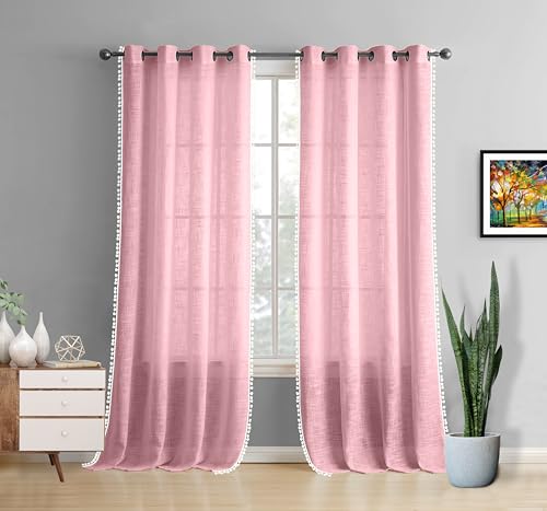 Image of THE LINEN COMPANY Cotton Sheer Grommet Curtains with Side Border Pompom Sheer Curtain for Long Door, Sun Light Filtering, Pack of 2 (Baby Pink, 8 Feet)