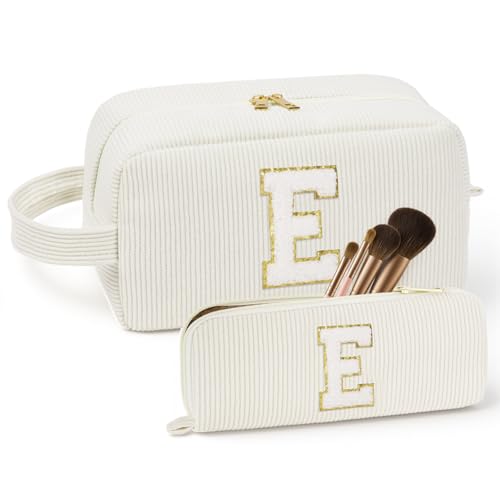 ALIIP Makeup Bag Corduroy Travel Set with 3D Letter Includes Large Organiser Case with Handle & Brush Pouch Portable Toiletry & Cosmetic Organiser for Women Beige Letter E