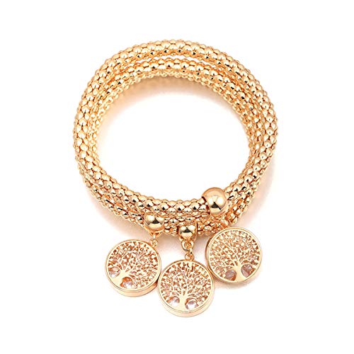 Sebrdbe Life Tree Pendant Bracelet Corn Chain Bracelet, 3PC Bracelet Set Gold/Silver/Rose Gold Tone Crystal Charm Multilayer Bracelet, Suitable for Girls Beaded Charm Bracelet (Gold)