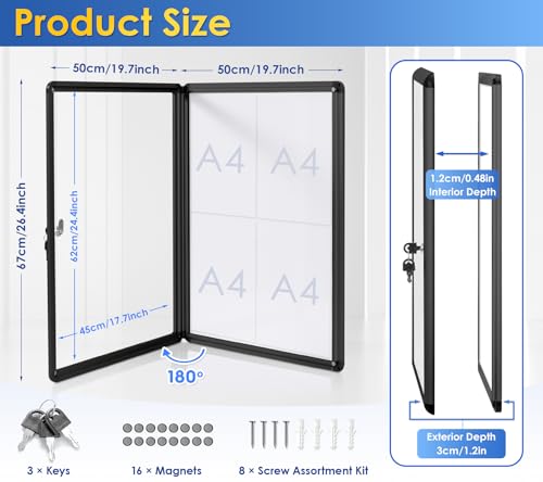 Image of SWANCROWN 26x20 in Enclosed Bulletin Board, Wall Magnetic Noticeboard 4xA4