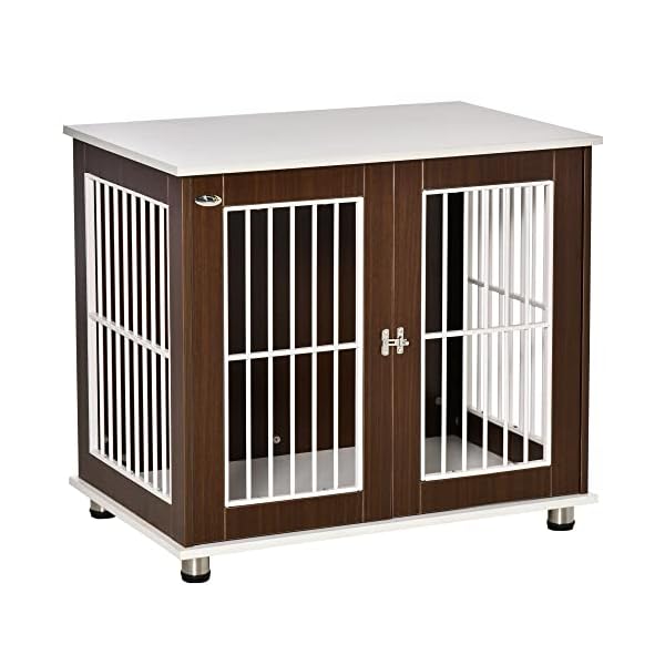 PawHut 34” Wooden Dog Cage, Modern Wire Dog Crate, Pet Kennel with Door, Lock, Adjustable Foot Pads, for Small and Medium Dogs, Coffee and White PawHut 34” Wooden Dog Cage, Modern Wire Dog Crate, Pet Kennel with Door, Lock, Adjustable Foot Pads, for Small and Medium Dogs, Coffee and White