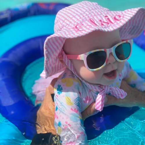 Custom Baby Sun Hats UPF 50+ Personalized Baby Bucket Hat with Embroidered Name-Baby Girl sunhat for toddler-pink Seersucker Baby Sun Hat - Summer baby Beach Hat for Girls 0-5 Aged4