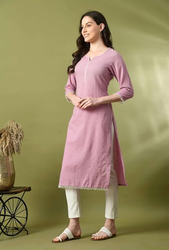 Image of Amazon Brand - Tavasya Women Cotton Katha Straight Regular Fit Kurta | Solid Ethnic Kurti | 3 /4 Sleeve Casual & Office Wear |Kurta for Women