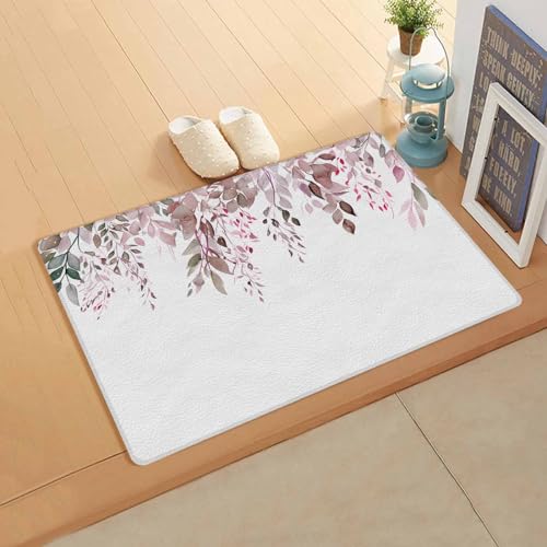 Red Eucalyptus Kitchen Bath Door Mat Cushioned Runner Rug,Washable Welcome Floor Sink Antifatigue Mat,Waterproof & Non-Slip Comfort Standing Doormat,White Watercolor Plant Sweeping Leaves 18