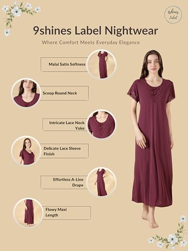 Image of 9shines Label Stylish Soft Modal Maxi Nighty | Honeymoon Nighty | Full Length Trendy Nightgown | V-Neck Lace | Premium Nightdress | Soft Long Nightdress | Maxi Gown Nightwear for Women (Malai Satin)