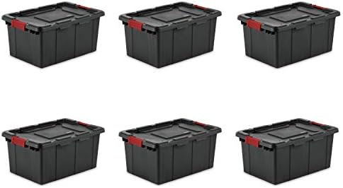 Sterilite 14649006 15 Gallon/57 Liter Industrial Tote, Black Lid & Base w/ Racer Red Latches, 6-Pack