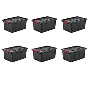 Sterilite 14649006 15 Gallon/57 Liter Industrial Tote, Black Lid & Base w/ Racer Red Latches, 6-Pack