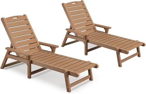 Image of Psilvam Chaise Lounges Set of 2, Lounge Chairs with Adjustable Backrest, Supports Up to 350 lbs, All Weather Recliner Poly Lumber Lounges Bed for Poolside, Patio, Porch(Light Brown)