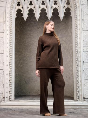 Image of Kvetoo Women Winter Coord Set Wool Blend High Neck Sweater and Wide Leg Pants Warm Tracksuit Pajama Set Two Piece Knitwear Travel Wear for Lounge Casual Office