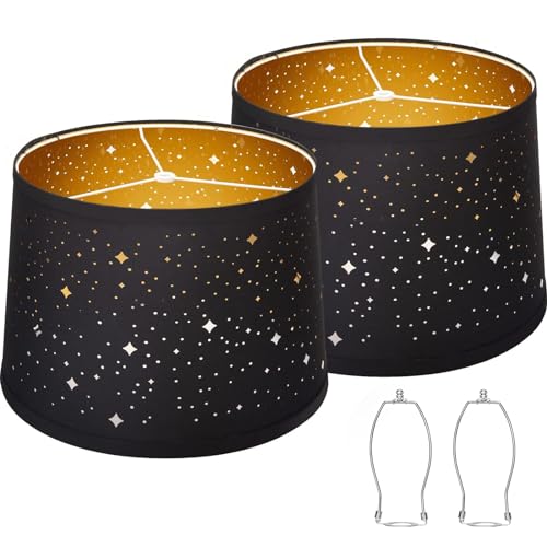 Image of Black Drum Lampshades Set of 2 with Sky Stars Design, 11.6 inch x 12.6 inch x 9.8 inch | Fabric Lamp Shades for Table Lamps, Floor Lamps, Modern Lampshade for Bedroom, Spider, Harp Holders Included, Easy Assembly