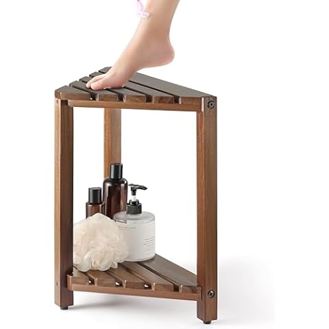 BLUEWEST Shower Foot Stool for Shaving Legs, Acacia Wood Shower Foot Rest, Bathroom Foot Step Stool for Inside Shower, Shower Bench, Corner Shower Stool for Small Shower Spaces (Walnut) Cover