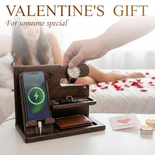 TESLYAR Wood Phone Docking Station for Men - Desk Accessories & Workspace Organizer - Nightstand Organizer - Birthday Gifts for Men or Dad - Idea for Anniversary - Key Holder - Stand Watch (Brown)