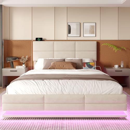 Polsterbett Doppelbett 180x200, LED Jugendbett Hydraulisches Stauraumbett mit Stauraum&USB Ladefunktion, Funktionsbett Bettgestell mit Höhenverstellbarem Kopfteil&Lattenrost, Samt, Ohne Matratze,Beige